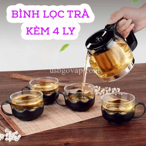 Bộ Bình Lọc Trà Thủy Tinh Lõi inox 700ml + 4 Tách