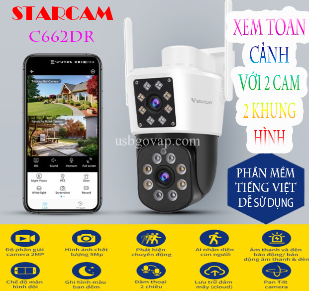 Camera IP Wifi Ngoài Trời Xoay 360 Độ VSTARCAM C662DR - 1 Cam 2 Màn Hình