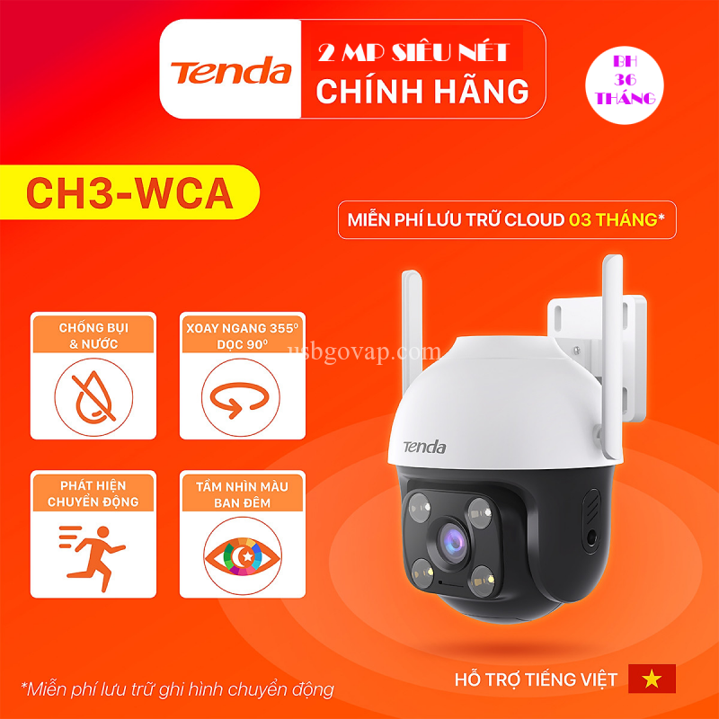 Camera IP WIfi Ngoài Trời TENDA CH3 HD 2MPX Full Color - Quay Quét, Báo Động, Đàm Thoại 2 Chiều
